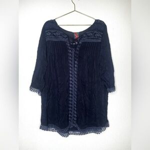 Johnny Was blouse split neck dark navy blue Tunic lace embroidered Notched Neck